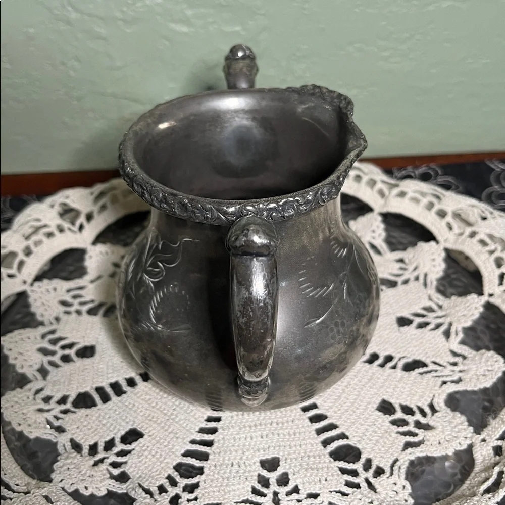 Vintage Silverplate Creamer with Floral Engraving Ornate Handles Antique
